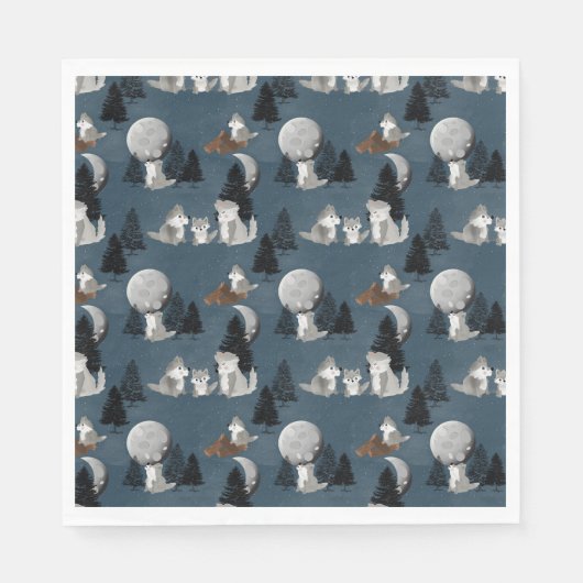 Cute Wolf Pack Woodland Night Sky Moon スタンダードランチョンナプキン (正面)