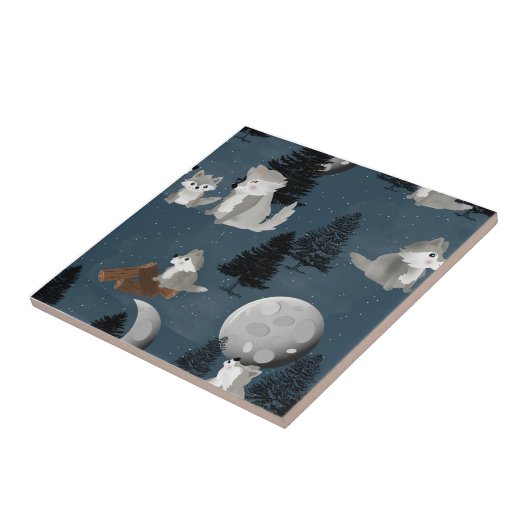 Cute Wolf Pack Woodland Night Sky Moon タイル (側面)