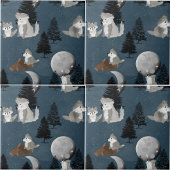 Cute Wolf Pack Woodland Night Sky Moon タイル