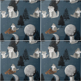 Cute Wolf Pack Woodland Night Sky Moon タイル