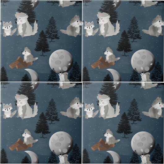 Cute Wolf Pack Woodland Night Sky Moon タイル