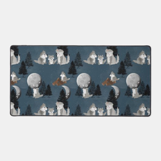 Cute Wolf Pack Woodland Night Sky Moon デスクマット (正面)