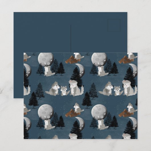 Cute Wolf Pack Woodland Night Sky Moon ポストカード (正面/裏面)