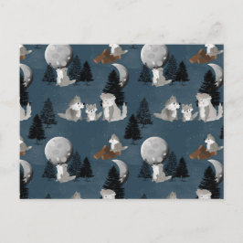 Cute Wolf Pack Woodland Night Sky Moon ポストカード