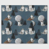 Cute Wolf Pack Woodland Night Sky Moon ラッピングペーパー (フラット)