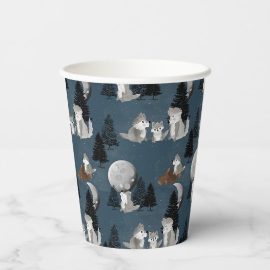 Cute Wolf Pack Woodland Night Sky Moon 紙コップ (裏面)