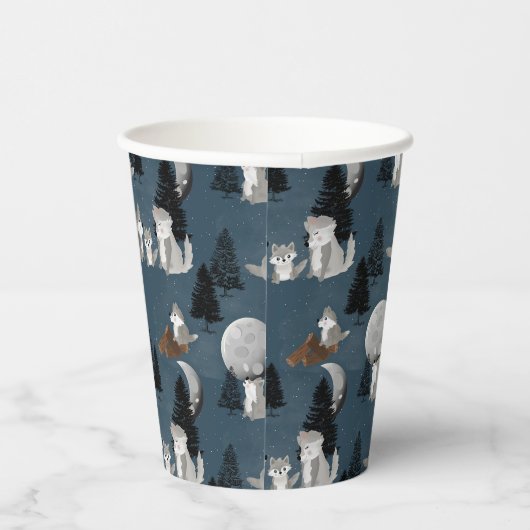 Cute Wolf Pack Woodland Night Sky Moon 紙コップ (右)