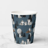 Cute Wolf Pack Woodland Night Sky Moon 紙コップ (正面)