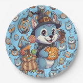 Cute Wolf with Spooky Candy For Halloween ペーパープレート (正面)