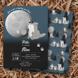 Cute Wolf Woodland Moon Howling Kids Birthday 招待状