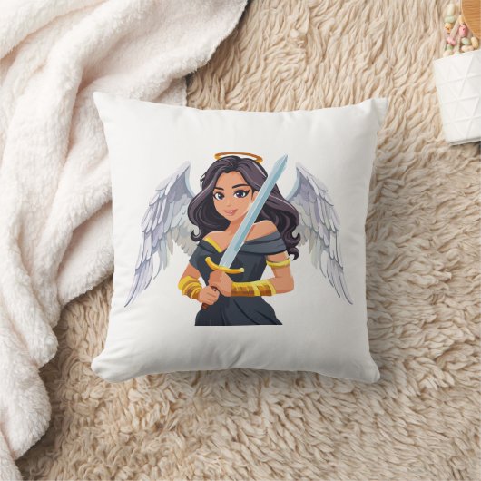 Cute woman Angel's with open wings and sword クッション (ブランケット)