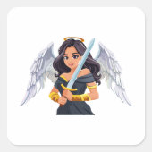 Cute woman Angel's with open wings and sword スクエアシール (正面)