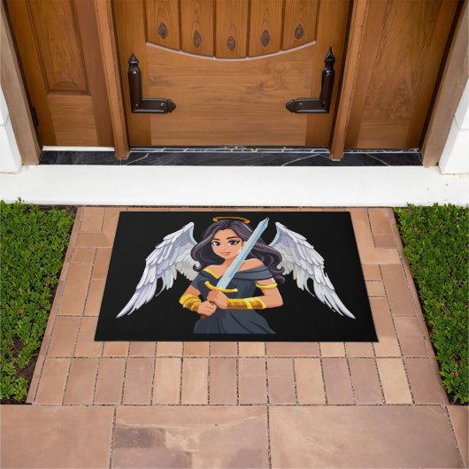 Cute woman Angel's with open wings and sword ドアマット (室外)