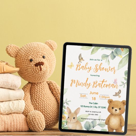 Cute Woodland animal baby shower 招待状