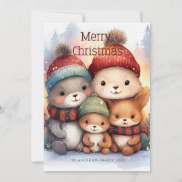 Cute Woodland Animal Family Merry Christmas カード