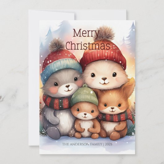 Cute Woodland Animal Family Merry Christmas カード (正面)