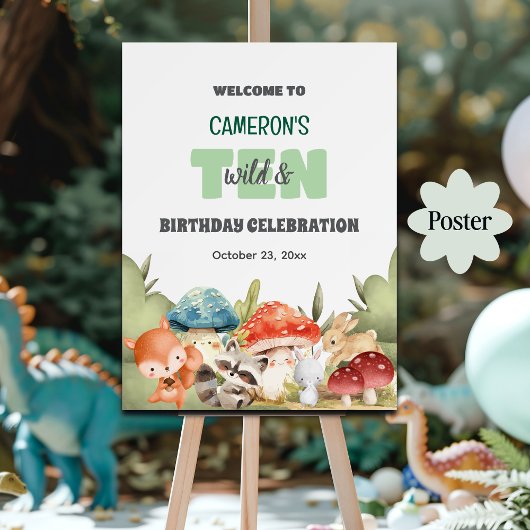 Cute Woodland Animals 10th Birthday Party Welcome ポスター