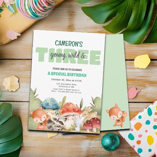 Cute Woodland Animals 3rd Birthday Party  招待状