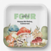 Cute Woodland Animals 4th Birthday Party ペーパープレート (正面)