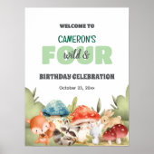 Cute Woodland Animals 4th Birthday Party Welcome ポスター (正面)
