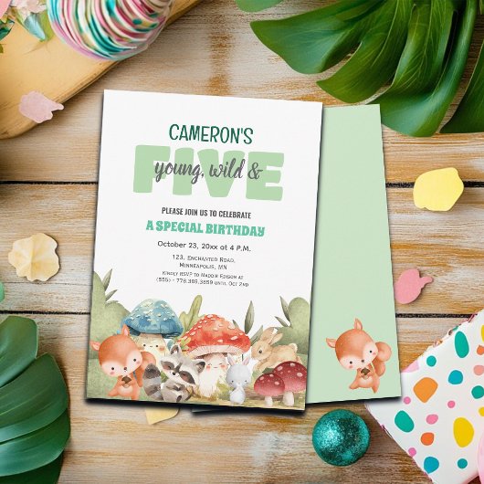 Cute Woodland Animals 5th Birthday Party  招待状