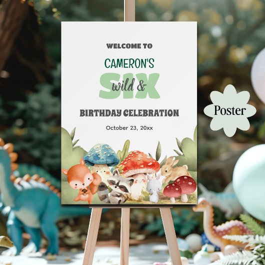 Cute Woodland Animals 6th Birthday Party Welcome ポスター