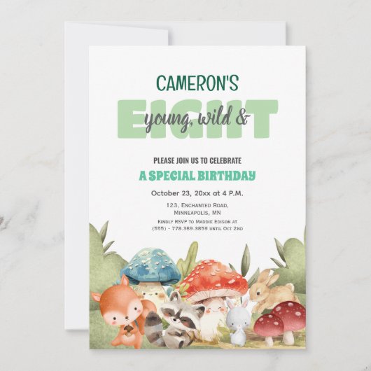 Cute Woodland Animals 8th Birthday Party 招待状 (正面)