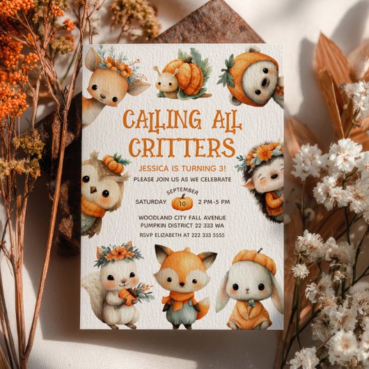 Cute Woodland Animals Autumn Fall Kids' Birthday 招待状
