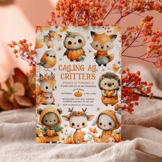 Cute Woodland Animals Autumn Fall Kids' Birthday 招待状