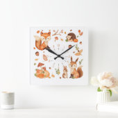 Cute Woodland Animals Autumn Wall Clock with Fox スクエア壁時計 (ホーム)