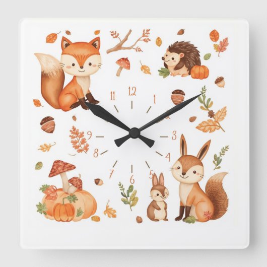 Cute Woodland Animals Autumn Wall Clock with Fox スクエア壁時計 (正面)