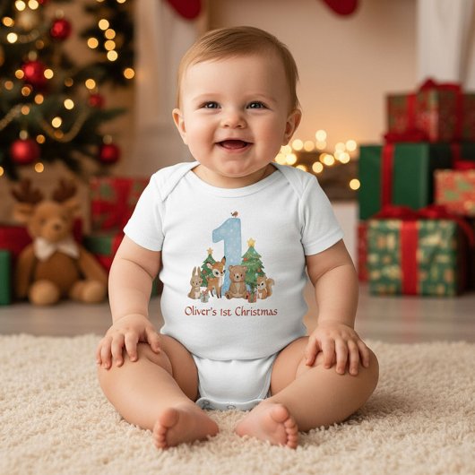 Cute Woodland Animals Baby First Christmas Blue 1 ベビーボディスーツ