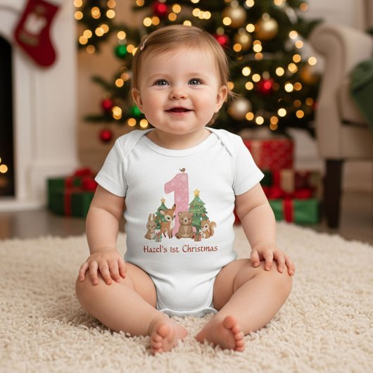 Cute Woodland Animals Baby First Christmas Pink 1 ベビーボディスーツ
