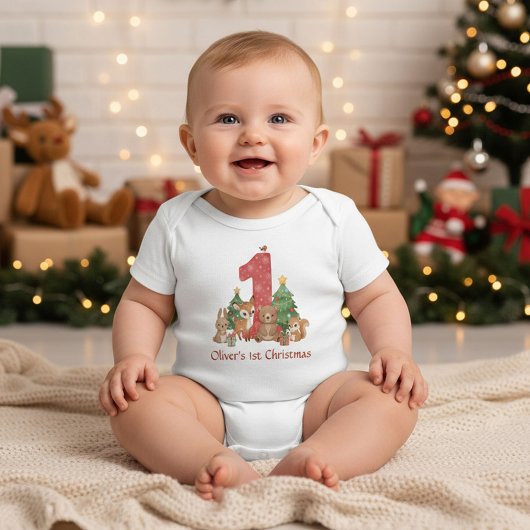 Cute Woodland Animals Baby First Christmas Red 1 ベビーボディスーツ