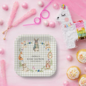 Cute Woodland Animals Baby Shower Gingham Plates ペーパープレート (パーティー)