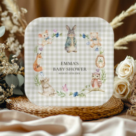 Cute Woodland Animals Baby Shower Gingham Plates ペーパープレート