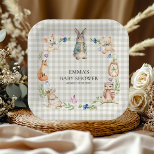 Cute Woodland Animals Baby Shower Gingham Plates ペーパープレート