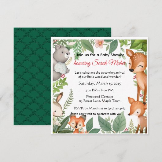 Cute Woodland Animals Baby Shower Invitation  招待状 (正面/裏面)