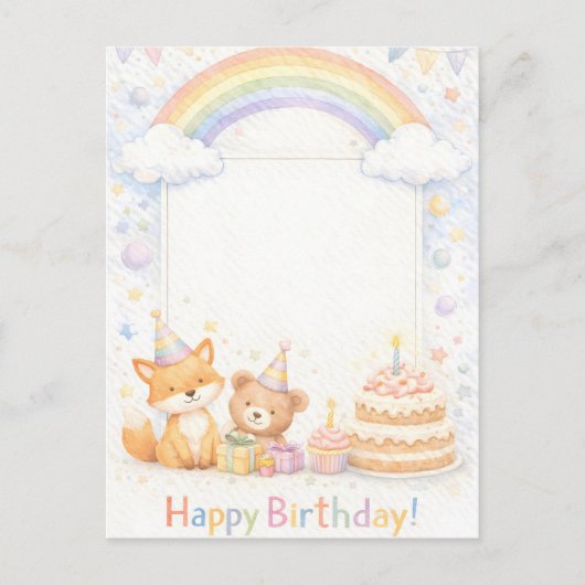 Cute Woodland Animals Birthday Card with Rainbow ポストカード (正面)