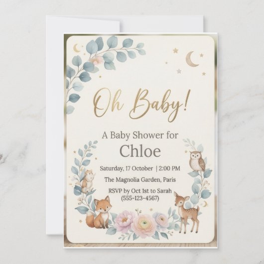 Cute Woodland Animals Eucalyptus Boho Baby Shower (正面)