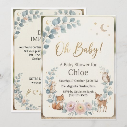 Cute Woodland Animals Eucalyptus Boho Baby Shower (正面/裏面)