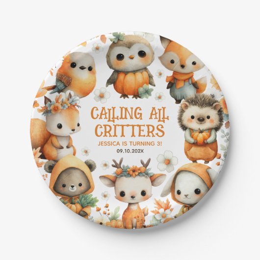 Cute Woodland Animals Festive Autumn Kids Birthday ペーパープレート (正面)