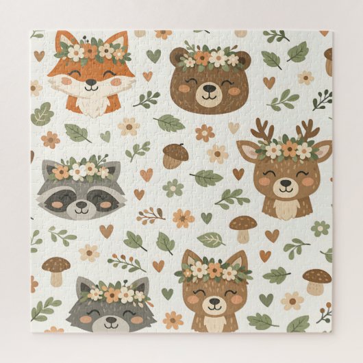 Cute Woodland Animals Floral Pattern ジグソーパズル (縦)