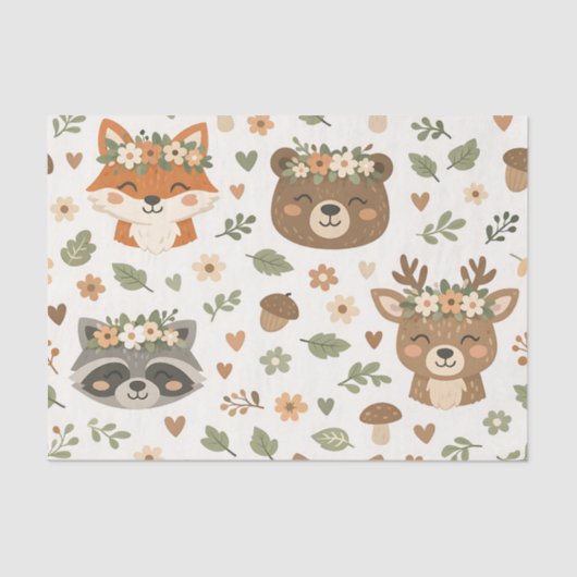 Cute Woodland Animals Floral Pattern 薄葉紙 (正面)