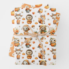 Cute Woodland Animals, Pumpkins, Daisy Autumn Fall ラッピングペーパーシート