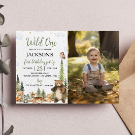 Cute Woodland Animals Wild One 1st Birthday Photo 招待状