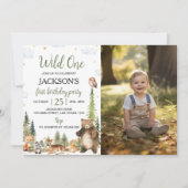 Cute Woodland Animals Wild One 1st Birthday Photo 招待状 (正面)