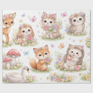 Cute Woodland Baby Animals Floral Wrapping Paper ラッピングペーパー