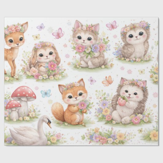 Cute Woodland Baby Animals Floral Wrapping Paper ラッピングペーパー (フラット)
