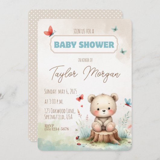 Cute Woodland Bear Baby Shower Invitation 招待状 (正面/裏面)